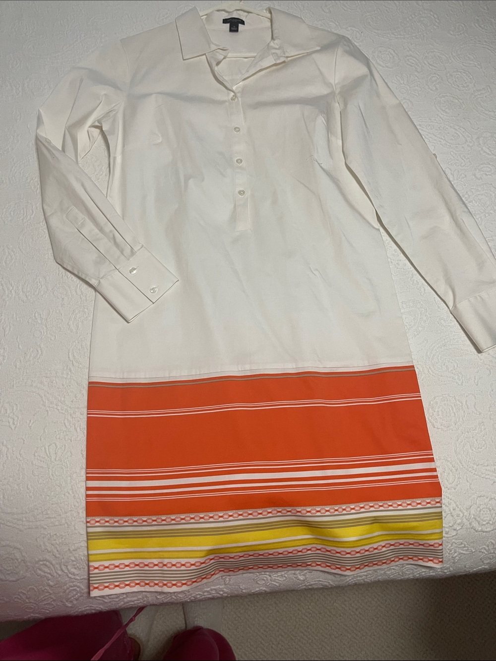 Ann Taylor White Long-Sleeve Shift Dress with Orange & Yellow Stripe Hem